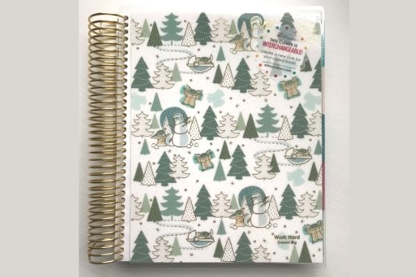 planner cover with evergreen trees and grogu on erin condren monthly planner