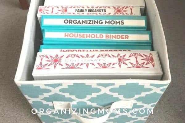 fabric bin filled with organizing binders