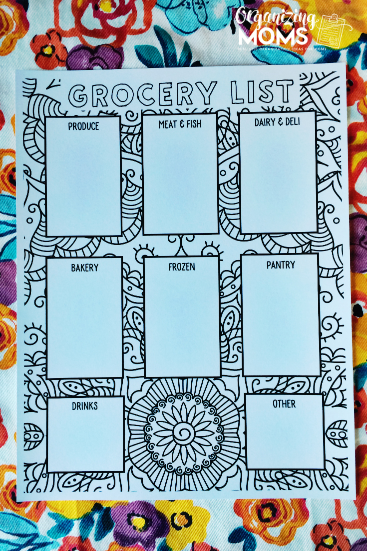 Grocery list coloring page. Organizing Moms.
