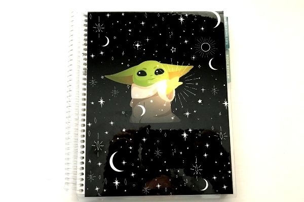 reading log cover with grogu in space
