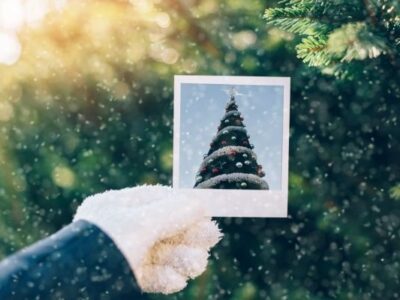 person holding up picture of christmas tree to evergreen tree to get ready for christmas in november