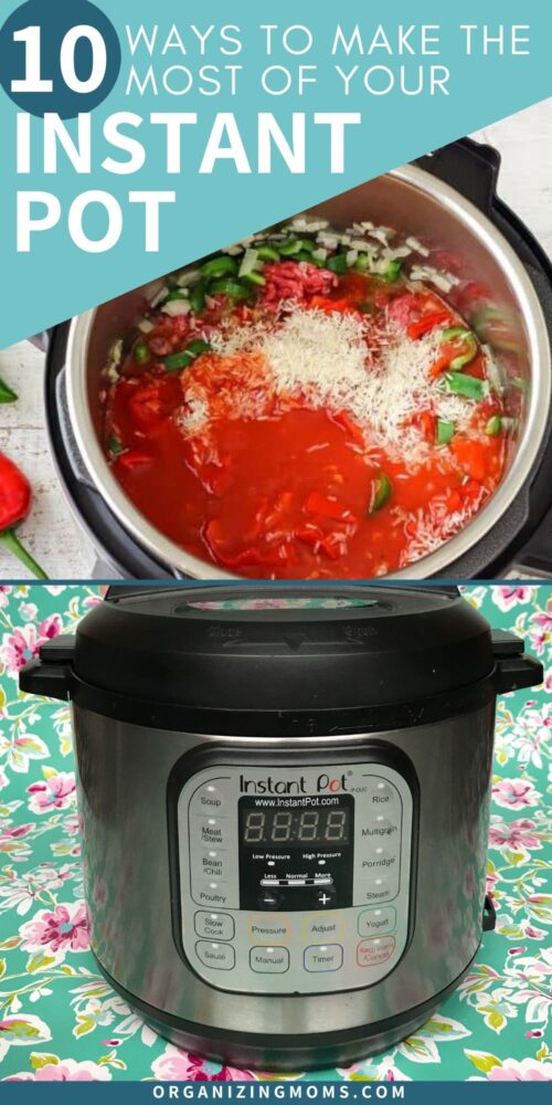 instant pot with soup inside on floral tablecloth