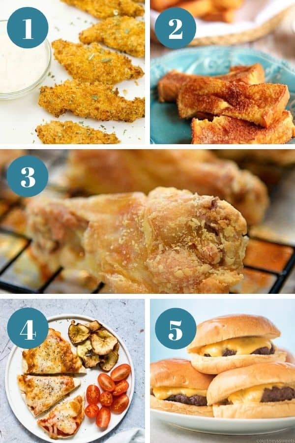 Images of air fryer foods from #1-5 in this blog post about kid friendly air fryer recipes