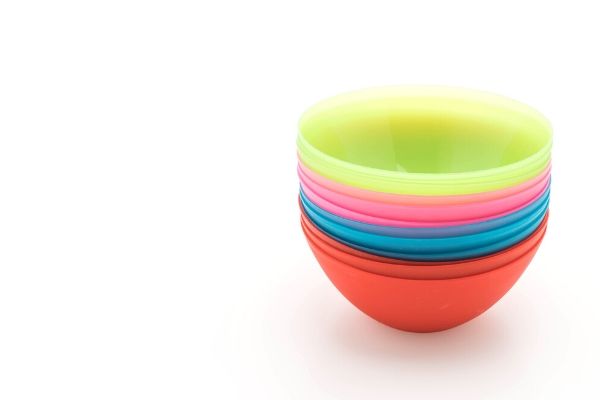 A close up of a set of kids bowls