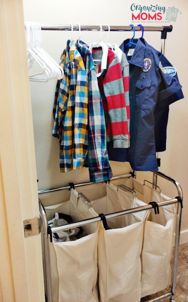 Laundry hamper with hanging rod. Laundry room organization.