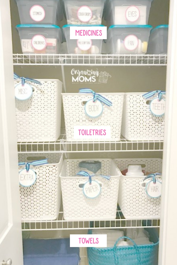 Linen Closet Organization With Baskets A Simple Way To Eliminate Visual Clutter Organizing Moms - Best Way To Organize Your Bathroom Closet