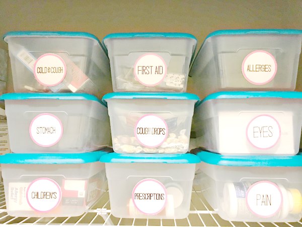 Inexpensive storage bins for storing medications in linen closet. 