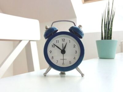 little clock and plant on white table to symbolize micro time wasters