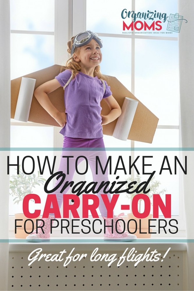 Make an organized carry on for preschoolers to help them get through long flights. Great tips and ideas for what to pack, what to expect, and how to prepare for it all.