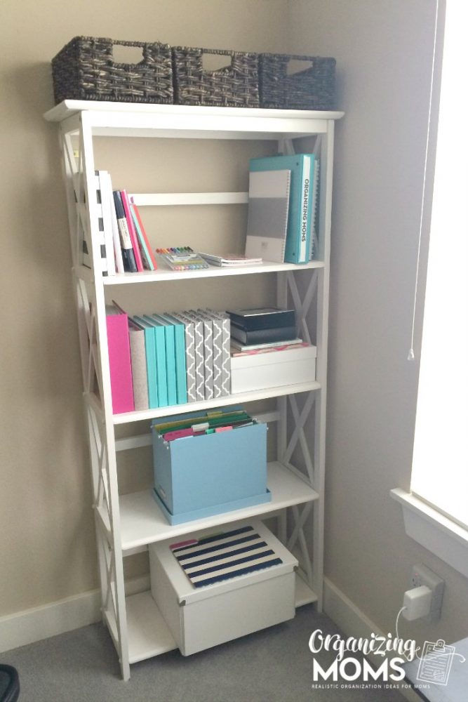 A close up of an office bookshelf