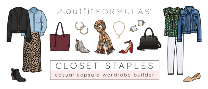 outfit formulas closet staples casual capsule wardrobe builder (text) drawings of different clothing and accessories