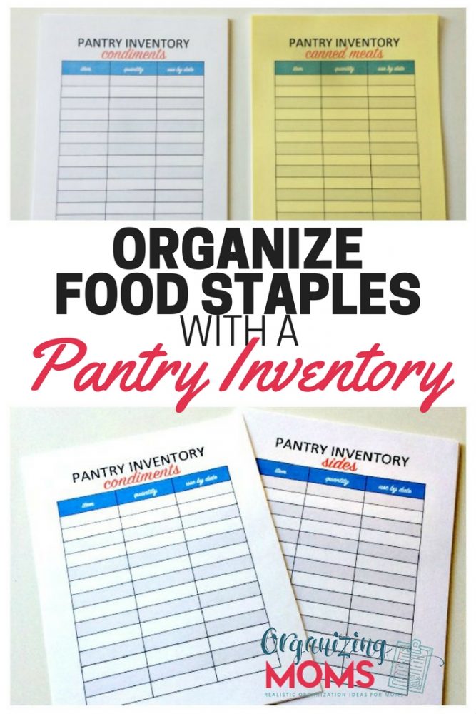 A close up of pantry inventory sheets. Text - organize food staples with a pantry inventory