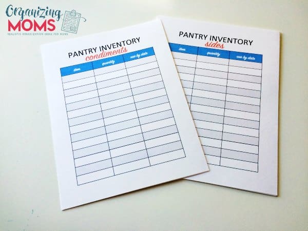 Closet up of pantry inventory sheets for condiments and sides