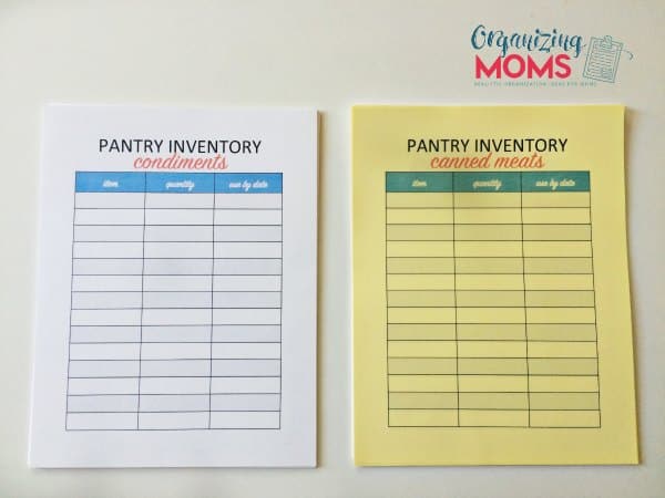 Close up of pantry inventory sheets for condiments and canned meats