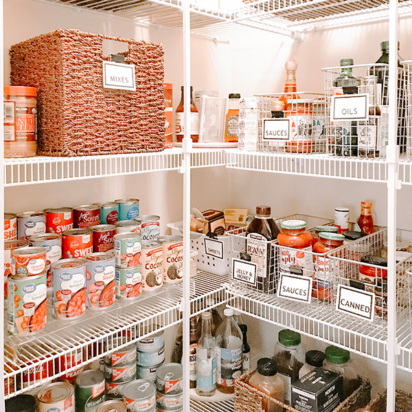 pantry organization with baskets risers