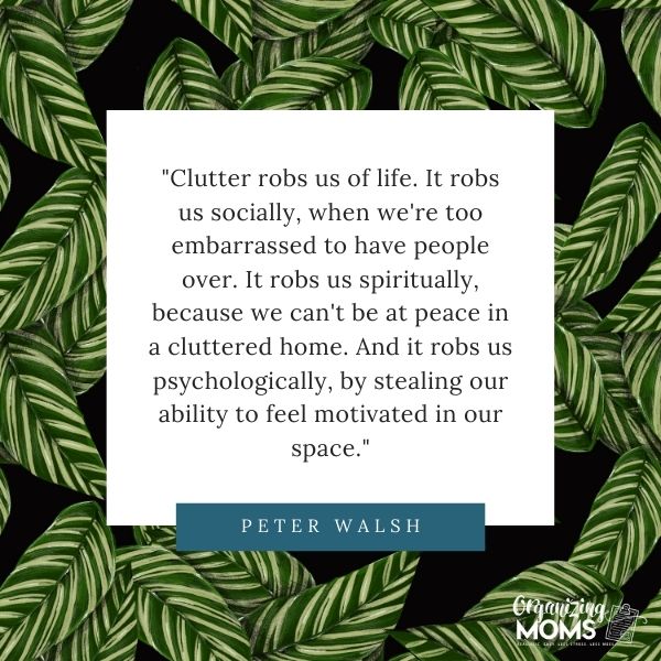 Quote from Peter Walsh on leaves background - \"Clutter robs us of life. It robs us socially, when we\'re too embarrassed to have people over. It robs us spiritually, because we can\'t be at peace in a cluttered home. And it robs us psychologically, by stealing our ability to feel motivated in our space.\"