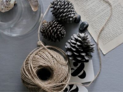 items to declutter before holidays - pinecones page of book pinecones string