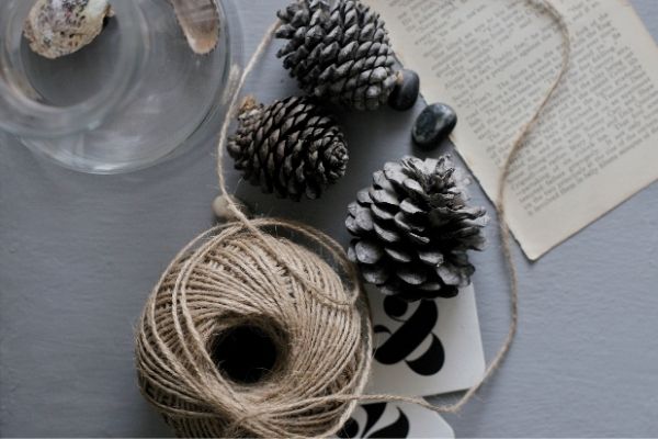 items to declutter before holidays - pinecones page of book pinecones string