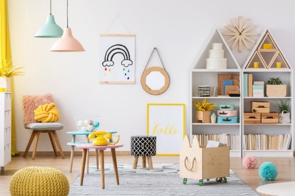 Bright playroom filled with organized toys