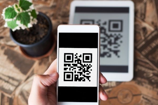 smartphone scanning qr code label on table with plant to side