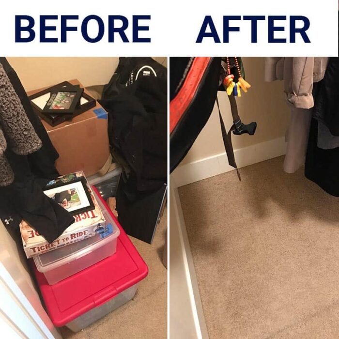 before and after of under the stairs declutter