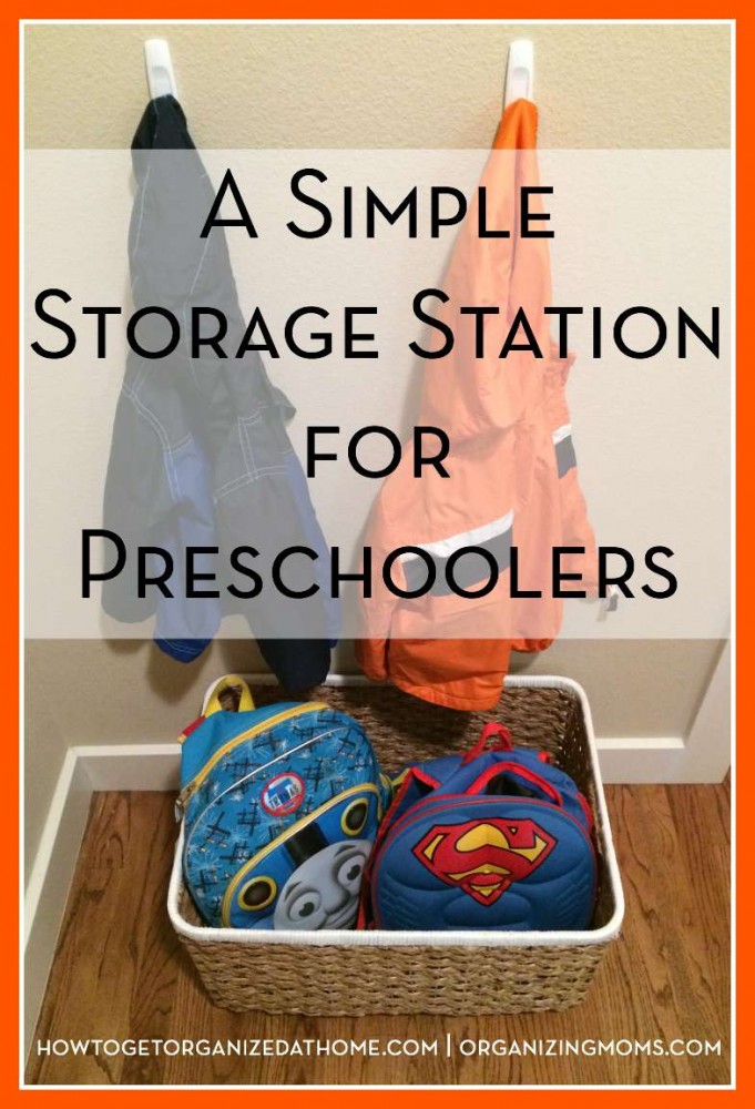 Help your preschoolers organize their backpacks and coats with this simple storage station.