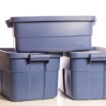 stack of three blue storage tubs