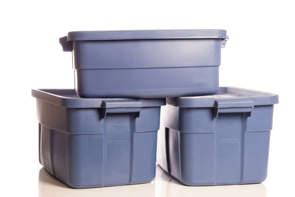 stack of three blue storage tubs