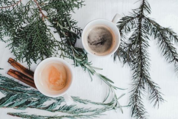 warm drinks in mugs surrounded by evergreen branches