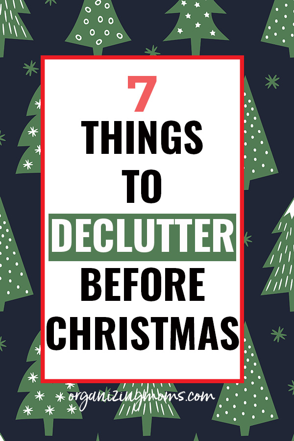 7 things to declutter before the holidays (text), Christmas tree background