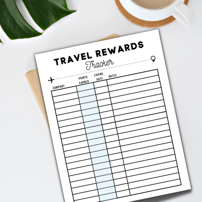 travel rewards tracker free printable on desk