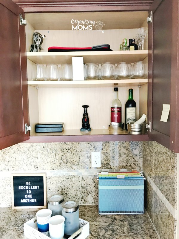 Wine and coffee bar set up in a built in kitchen desk area. A great alternative use for the kitchen desk space.