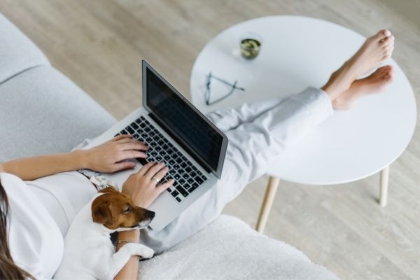 woman on laptop with dog sitting next to her, feet on white coffee table